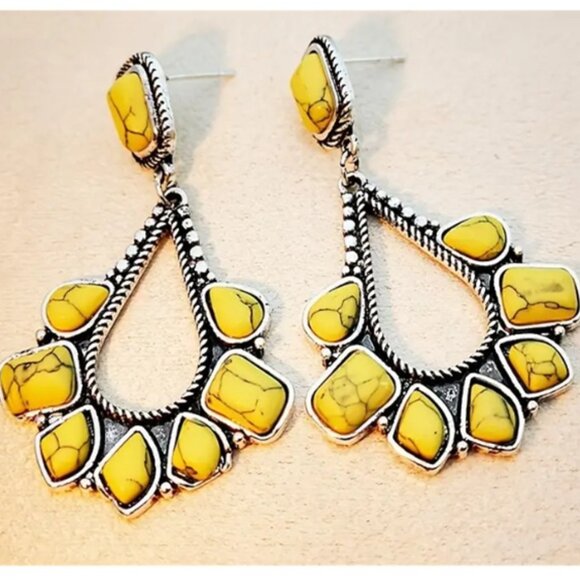 d'Vine Products Jewelry - Long Silver Electro-Plated Teardrop Earrings & Synthetic Yellow Turquoise Stones